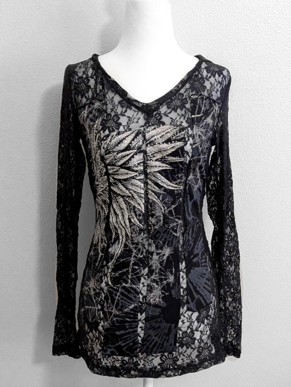 2000s Bus Stop Black Lace Hooded Long Sleeve Top Grunge Y2K Angel Wing | Size L